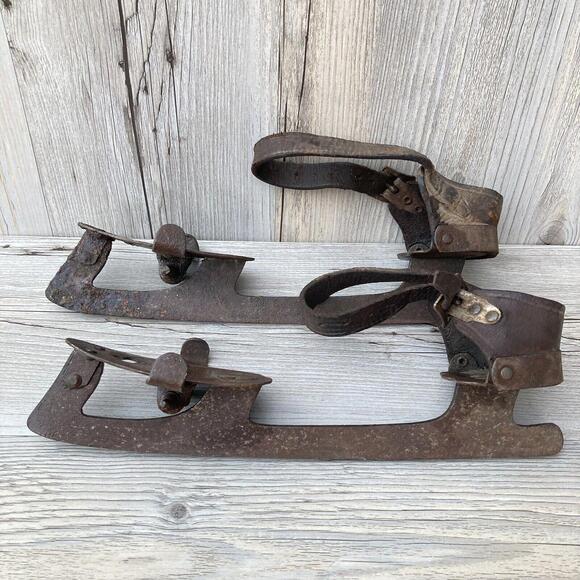 Vintage Metal Ice Skates with Leather Straps
